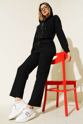 Pazarium - Fermuarlı Crop İkili Takım Siyah