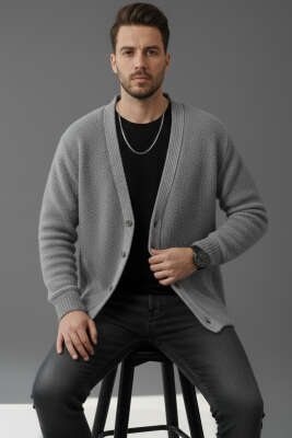Pazarium - Düğmeli Triko Örme Erkek Hırka Gri