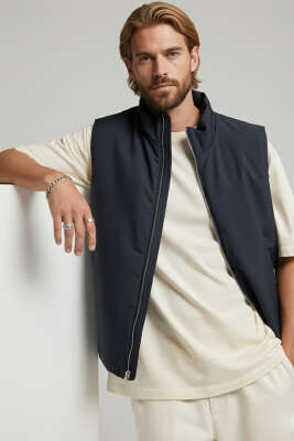 Pazarium - Fermuarlı Basic Erkek Yelek Lacivert