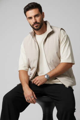 Pazarium - Fermuarlı Basic Erkek Yelek Bej