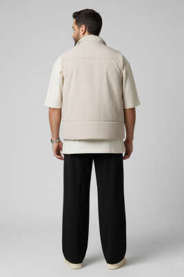 Fermuarlı Basic Erkek Yelek Bej - Thumbnail