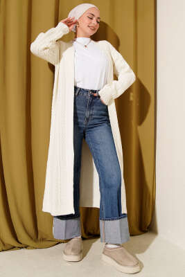 Pazarium - Örgü Büzgülü Uzun Triko Hırka Ekru