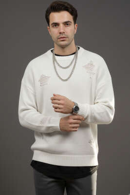 Pazarium - Yıpratma Detaylı Triko Erkek Kazak Kemik