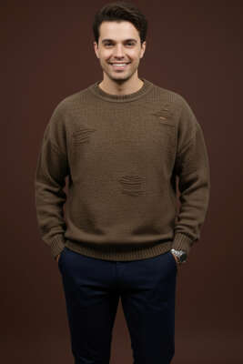 Pazarium - Yıpratma Detaylı Triko Erkek Kazak Kahve