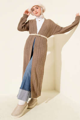 Pazarium - Örgü Büzgülü Uzun Triko Hırka Vizon