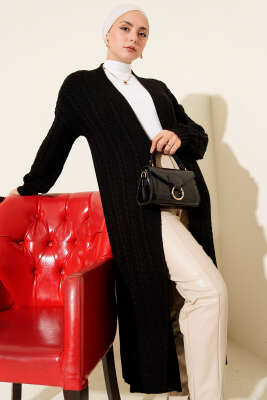 Pazarium - Örgü Büzgülü Uzun Triko Hırka Siyah