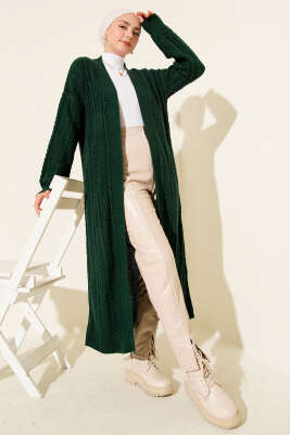 Pazarium - Örgü Büzgülü Uzun Triko Hırka Zümrüt Yeşili