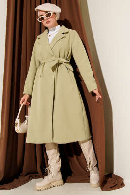 Pazarium - Gold Düğmeli Kuşaklı Kaşe Kaban Su Yeşili