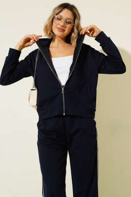 Yan Şeritli Fermuarlı İkili Takım Lacivert - Thumbnail