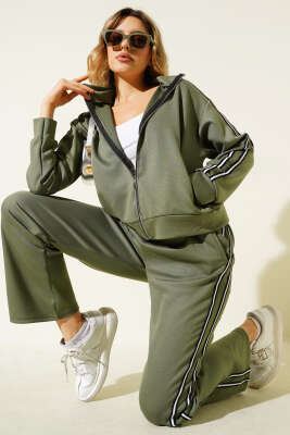 Yan Şeritli Fermuarlı İkili Takım Haki - Thumbnail