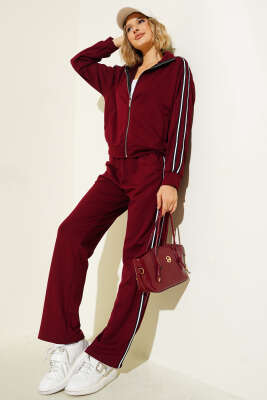 Pazarium - Yan Şeritli Fermuarlı İkili Takım Bordo