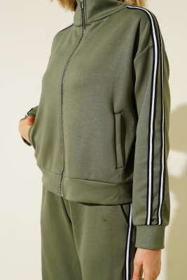 Yan Şeritli Fermuarlı İkili Takım Haki - Thumbnail