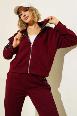 Yan Şeritli Fermuarlı İkili Takım Bordo - Thumbnail