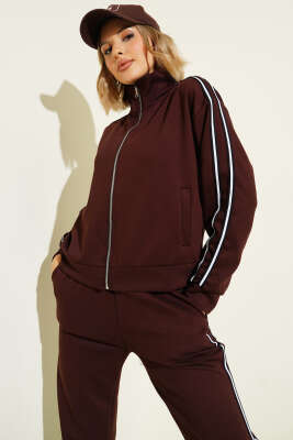 Yan Şeritli Fermuarlı İkili Takım Kahve - Thumbnail