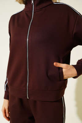 Yan Şeritli Fermuarlı İkili Takım Kahve - Thumbnail