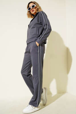 Pazarium - Yan Şeritli Fermuarlı İkili Takım Füme