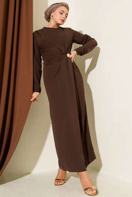 Pazarium - Gold Aksesuarlı Abiye Elbise Kahve