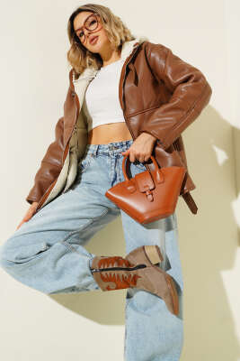 Pazarium - Kapüşonlu Deri Mont Taba