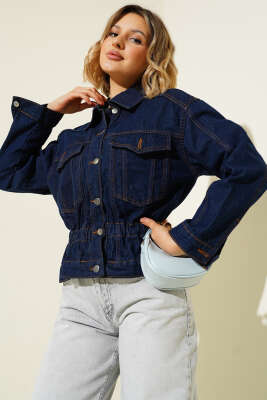 Pazarium - Çift Cepli Bel Lastikli Kot Ceket Lacivert