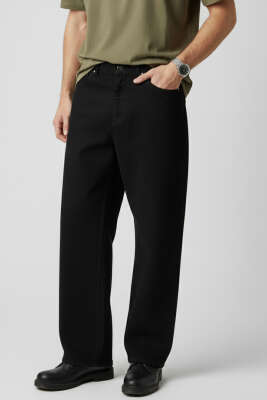 Pazarium - Bol Paçalı Kot Erkek Pantolon Siyah