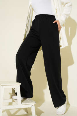 Pazarium - Beli Lastik Detaylı Çımalı Pantolon Siyah