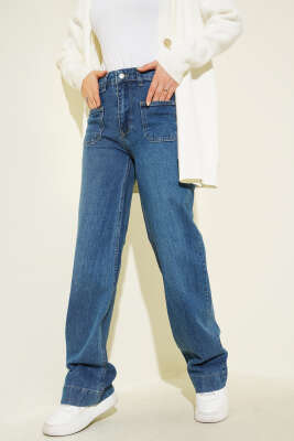 Pazarium - Üst Cepli Palazzo Kot Pantolon Açık Mavi