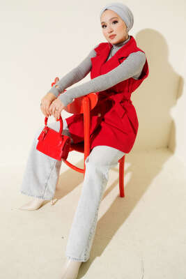 Pazarium - Sıfır Kol Kuşaklı Kaşe Yelek Kırmızı