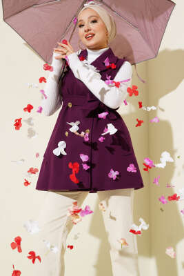 Pazarium - Sıfır Kol Kuşaklı Kaşe Yelek Mor