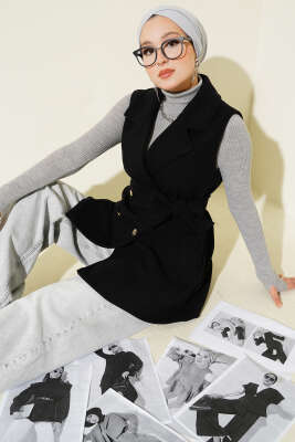 Pazarium - Sıfır Kol Kuşaklı Kaşe Yelek Siyah