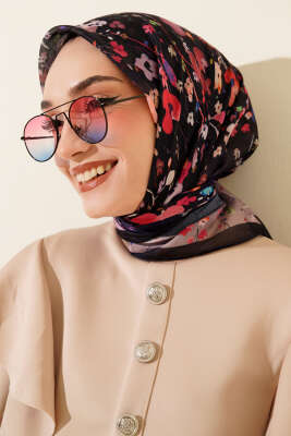 Pazarium - Mini Çiçek Detaylı Soft Eşarp Lacivert Bej