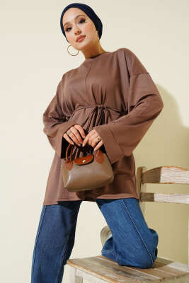 Pazarium - Yan Yırtmaçlı Duble Kol Tunik Kestane