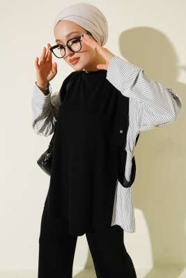 Pazarium - Çizgi Garnili Bisiklet Yaka Loyşa İkili Takım Siyah