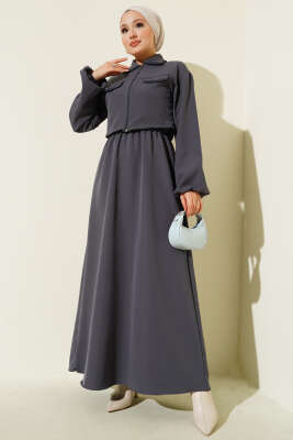 Pazarium - Gömlek Yaka Önü Fermuarlı Jile Takım Füme