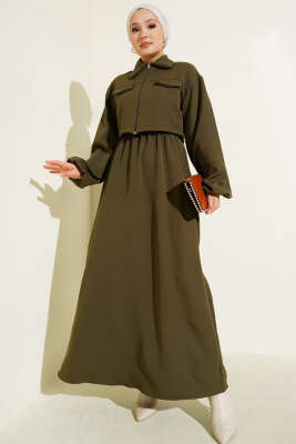 Pazarium - Gömlek Yaka Önü Fermuarlı Jile Takım Haki