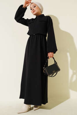 Pazarium - Gömlek Yaka Önü Fermuarlı Jile Takım Siyah