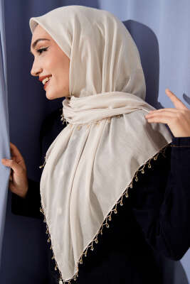 Pazarium - Mini Boncuk Detaylı Eşarp Bej