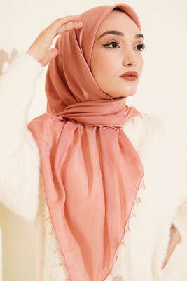 Pazarium - Mini Boncuk Detaylı Eşarp Gül Kurusu