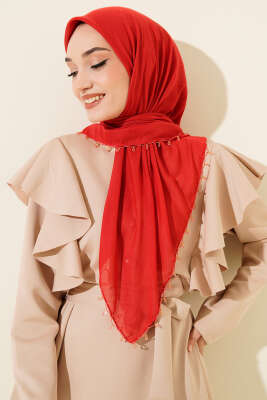 Pazarium - Mini Boncuk Detaylı Eşarp Kırmızı