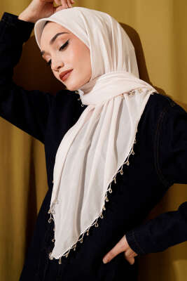 Pazarium - Mini Boncuk Detaylı Eşarp Krem