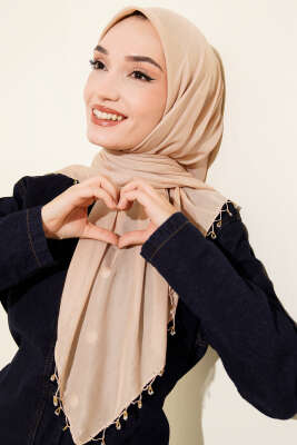 Pazarium - Mini Boncuk Detaylı Eşarp Latte