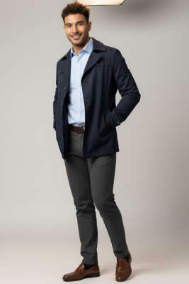 Gömlek Yaka Kısa Erkek Trençkot Lacivert - Thumbnail