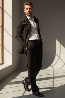 Gömlek Yaka Kısa Erkek Trençkot Siyah - Thumbnail