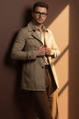 Pazarium - Gömlek Yaka Kısa Erkek Trençkot Vizon