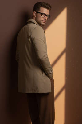 Gömlek Yaka Kısa Erkek Trençkot Vizon - Thumbnail