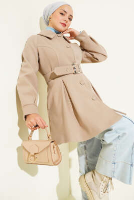 Pazarium - Kemerli Kısa Kaşe Kaban Bej