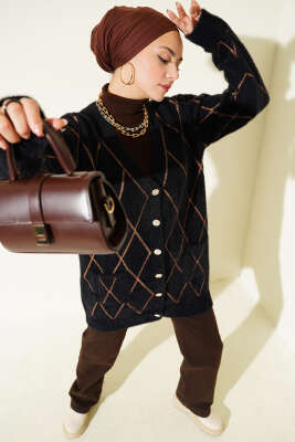 Baklava Desen Çizgili Cepli Sakallı Hırka Siyah Camel - Thumbnail