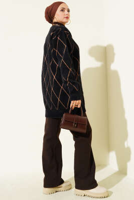 Baklava Desen Çizgili Cepli Sakallı Hırka Siyah Camel - Thumbnail