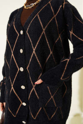 Baklava Desen Çizgili Cepli Sakallı Hırka Siyah Camel - Thumbnail