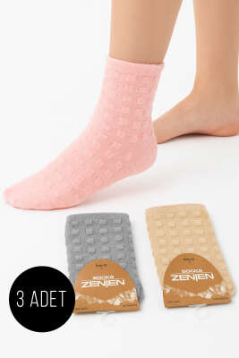 Pazarium - Kadın 3'lü Kare Desen Havlu Patik Çorap Asorti 2