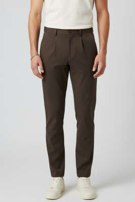 Pazarium - Bel Lastikli Likralı Erkek Pantolon Kahve